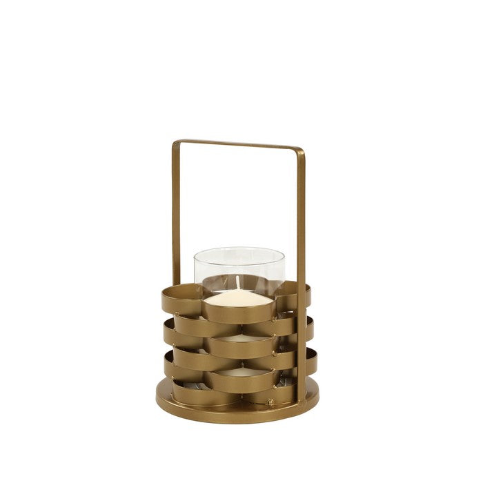 Metal Frame Candle Holder with Glass Hurricane, Small, Gold and Clear