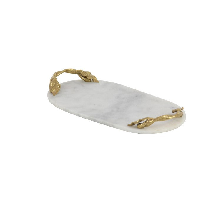 Oval Marble Serving Tray with Metal Handles, White and Gold