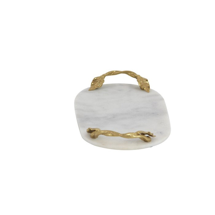 Oval Marble Serving Tray with Metal Handles, White and Gold