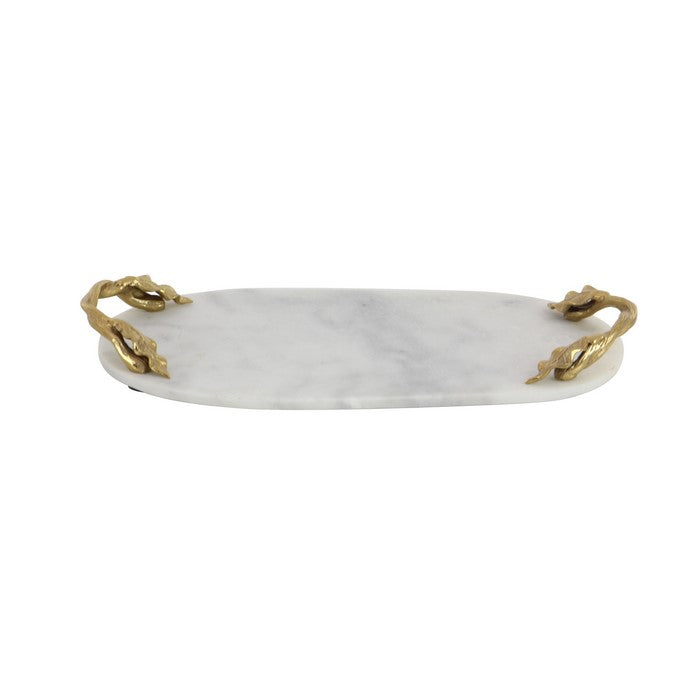 Oval Marble Serving Tray with Metal Handles, White and Gold