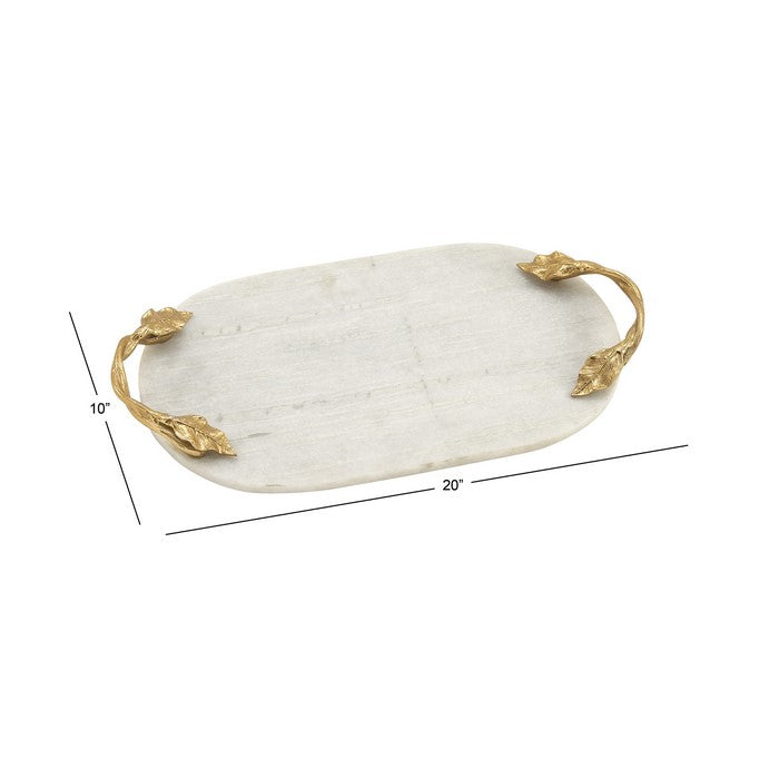 Oval Marble Serving Tray with Metal Handles, White and Gold