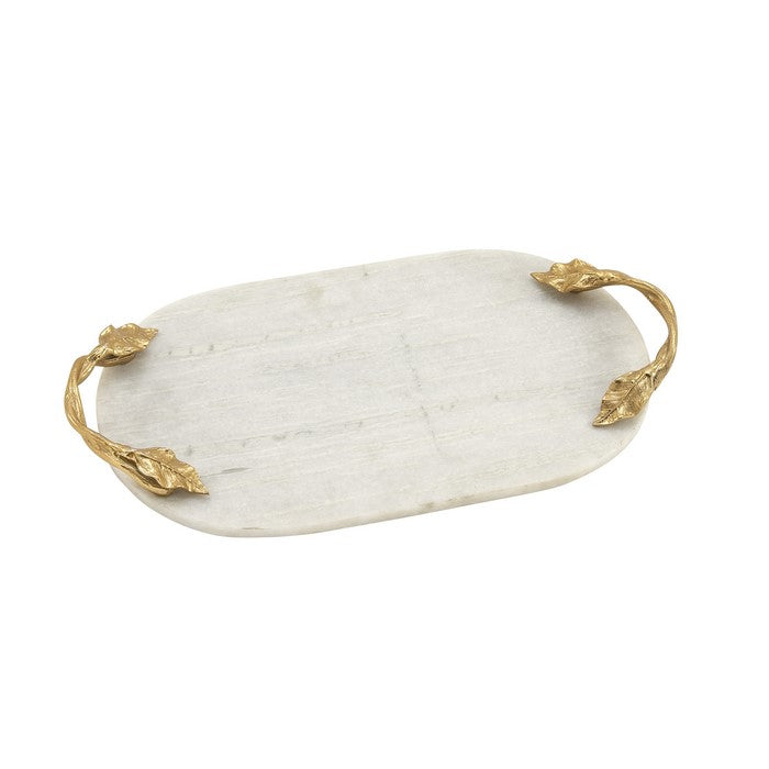 Oval Marble Serving Tray with Metal Handles, White and Gold