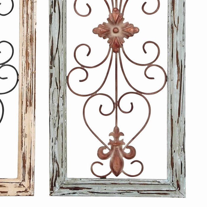 Scroll Design Wood and Metal Wall Panel, Assortment of 2, Black and Brown