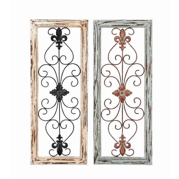 Scroll Design Wood and Metal Wall Panel, Assortment of 2, Black and Brown