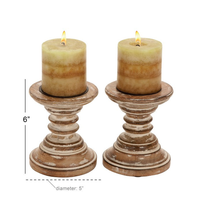 Traditional Style Wood Candle Holder, Set of 2, Brown