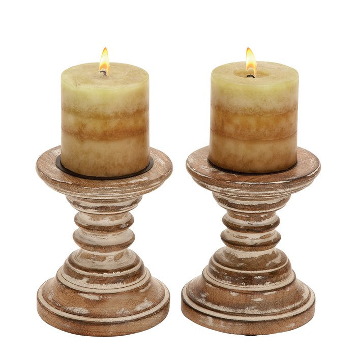 Traditional Style Wood Candle Holder, Set of 2, Brown