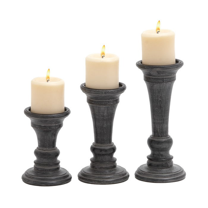 Traditional Style Wood Candle Holder, Set of 3, Black