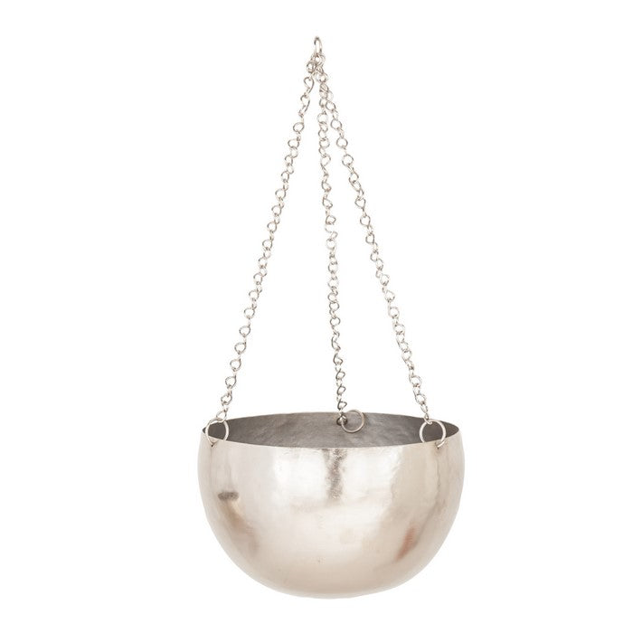 Bowl Shape Metal Hanging Planters with Chains, Set of 2, Silver