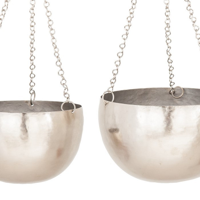 Bowl Shape Metal Hanging Planters with Chains, Set of 2, Silver