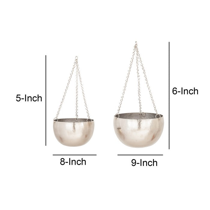 Bowl Shape Metal Hanging Planters with Chains, Set of 2, Silver