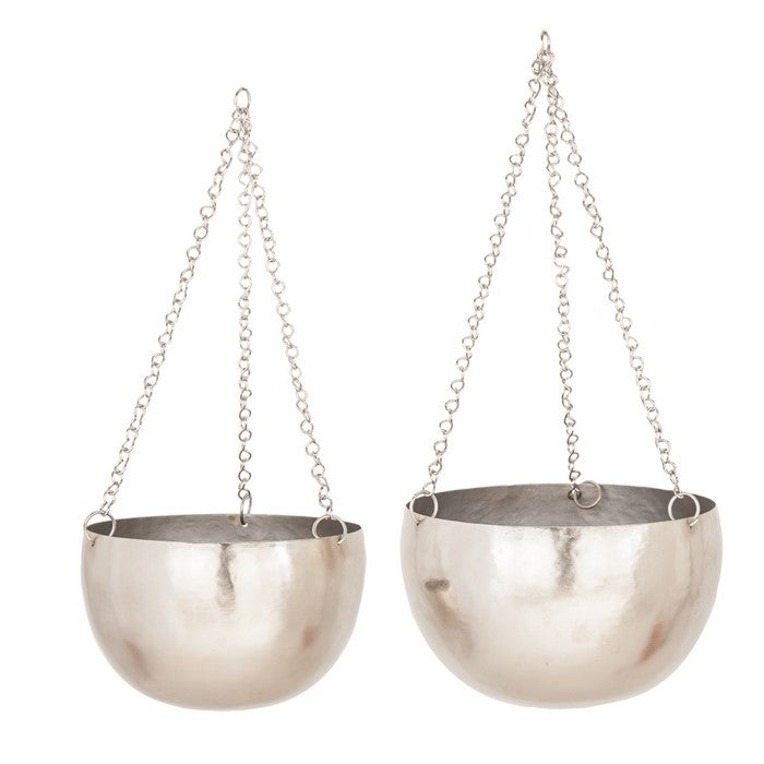 Bowl Shape Metal Hanging Planters with Chains, Set of 2, Silver