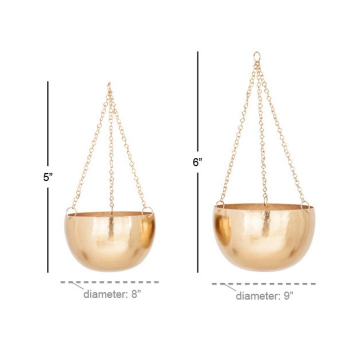 Bowl Shape Metal Hanging Planters with Chains, Set of 2, Gold