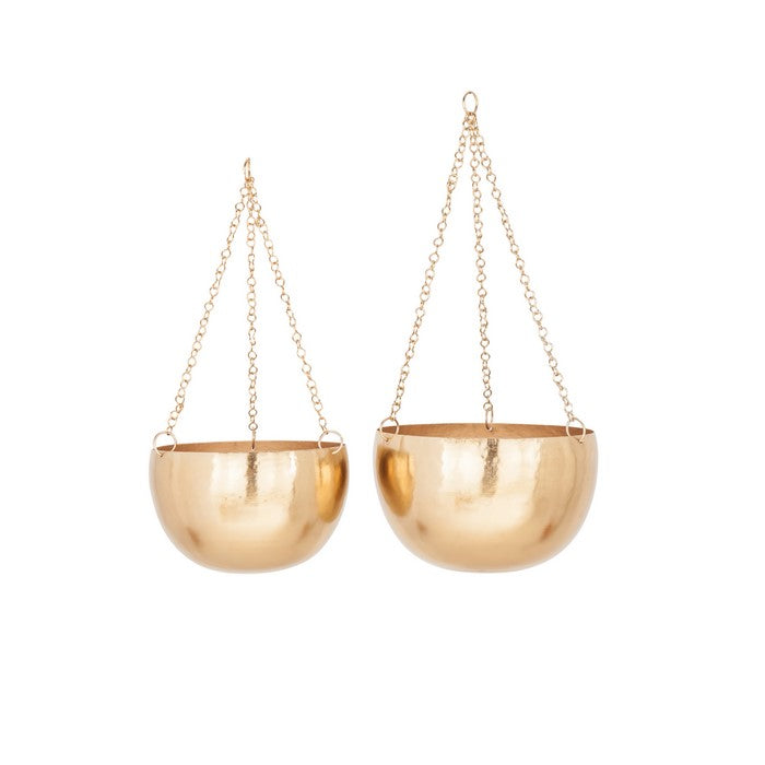 Bowl Shape Metal Hanging Planters with Chains, Set of 2, Gold