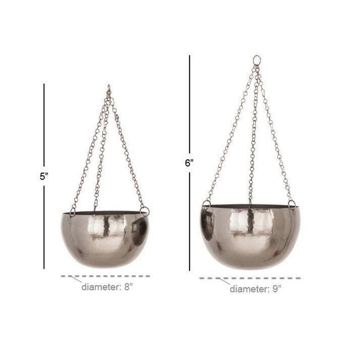 Bowl Shape Metal Hanging Planters with Chains, Set of 2, Black