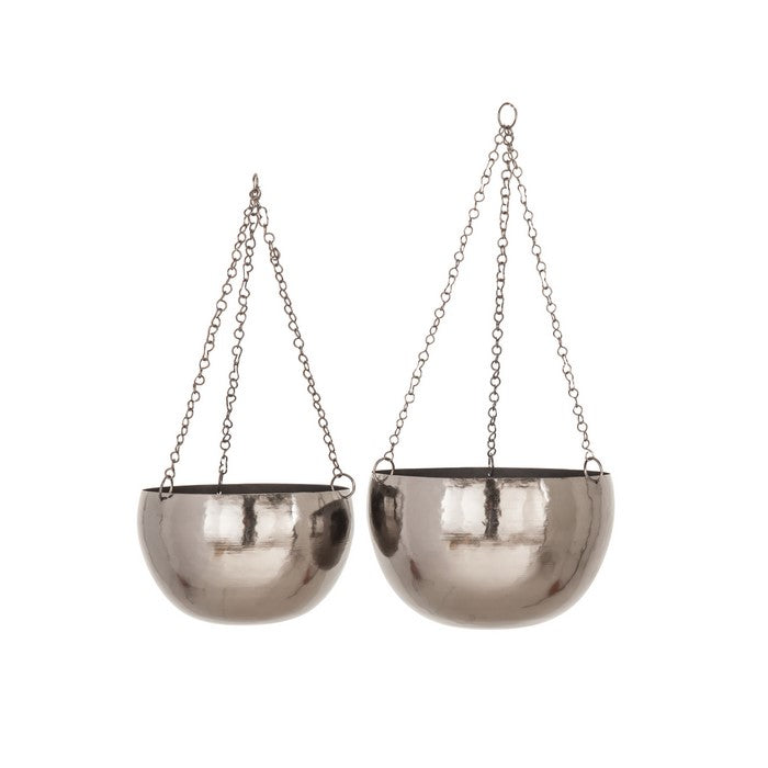 Bowl Shape Metal Hanging Planters with Chains, Set of 2, Black