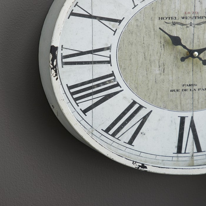 Roman Numeral Round Metal Wall Clock with Finial Ring Top, Black and White