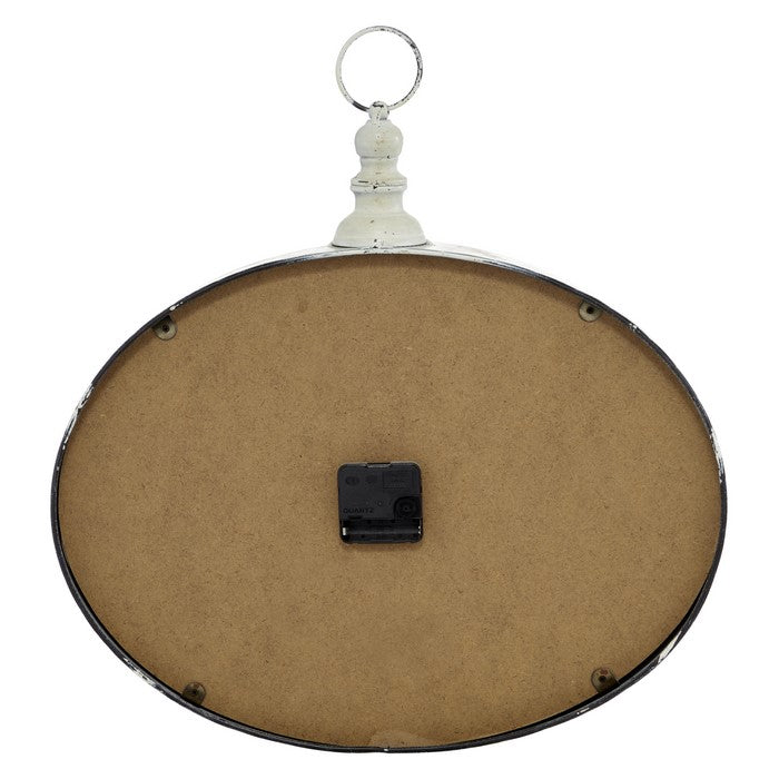 Roman Numeral Round Metal Wall Clock with Finial Ring Top, Black and White
