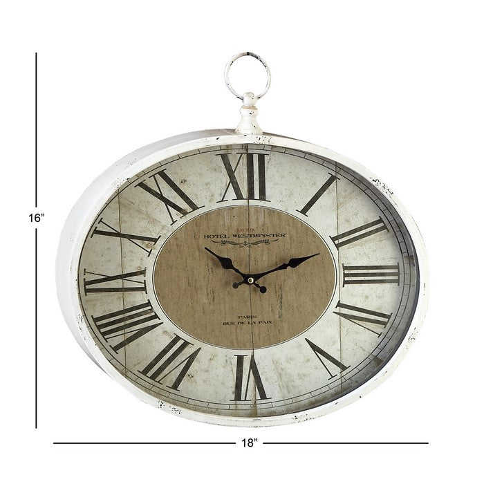 Roman Numeral Round Metal Wall Clock with Finial Ring Top, Black and White