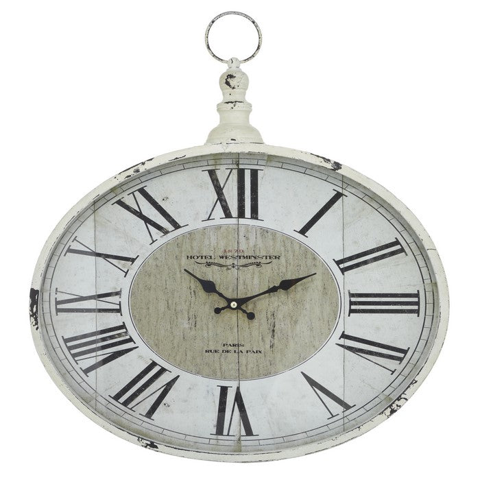 Roman Numeral Round Metal Wall Clock with Finial Ring Top, Black and White