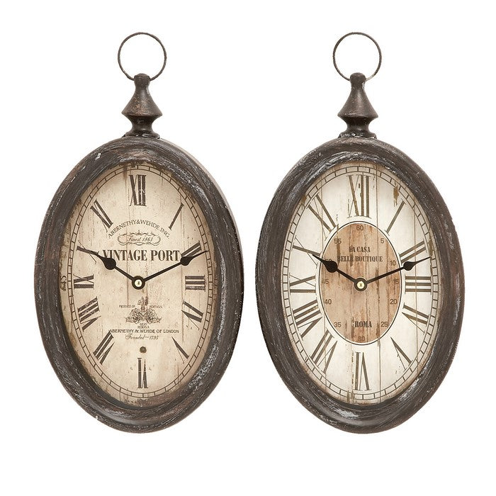 Roman Numeral Round Metal Wall Clock with Finial Top, Assortment of 2,Black