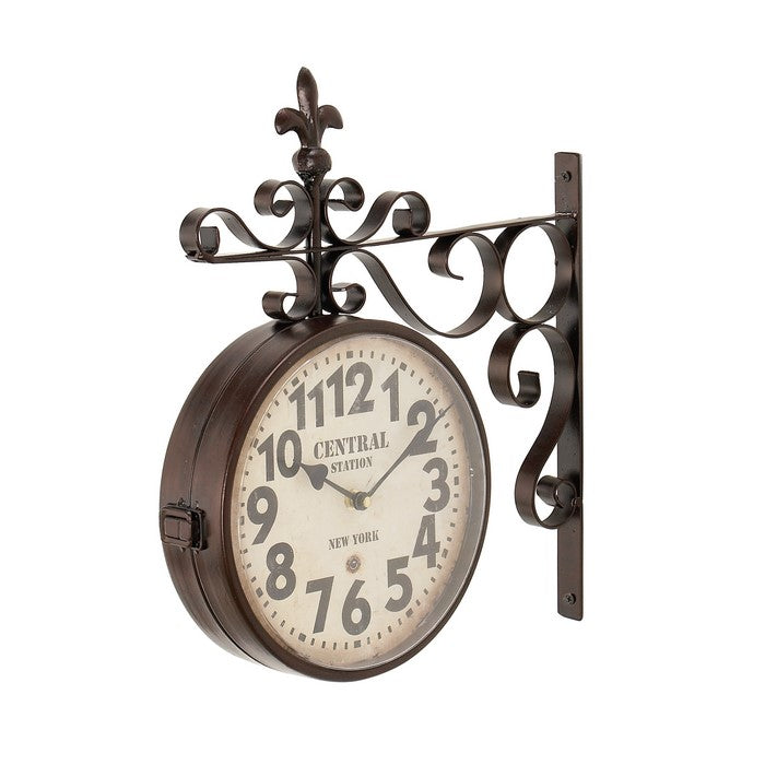 English Numeral Round Double Side Metal Wall Clock with Scroll Stand, Black