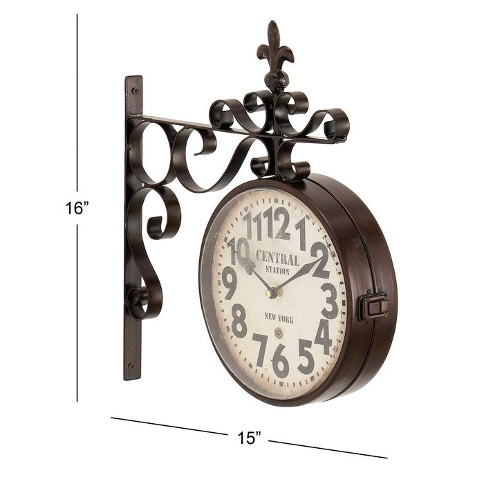 English Numeral Round Double Side Metal Wall Clock with Scroll Stand, Black
