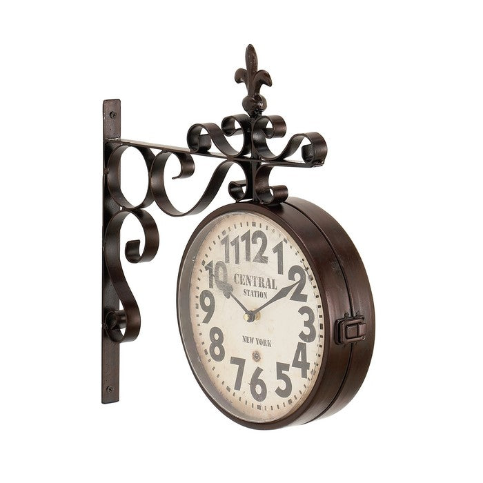 English Numeral Round Double Side Metal Wall Clock with Scroll Stand, Black