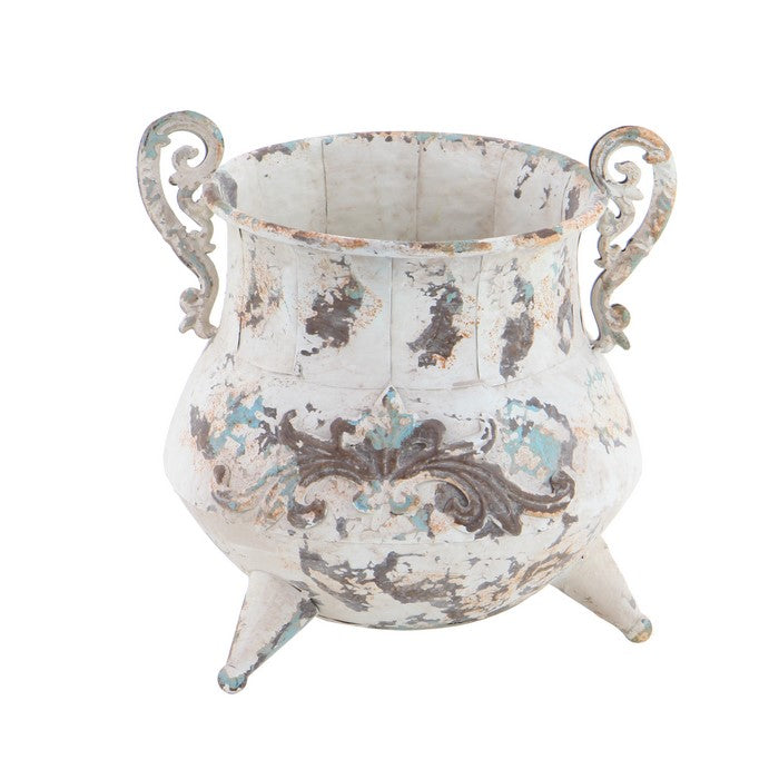 Traditional Metal Vase with Double Scrolled Handles,Antique White and Brown