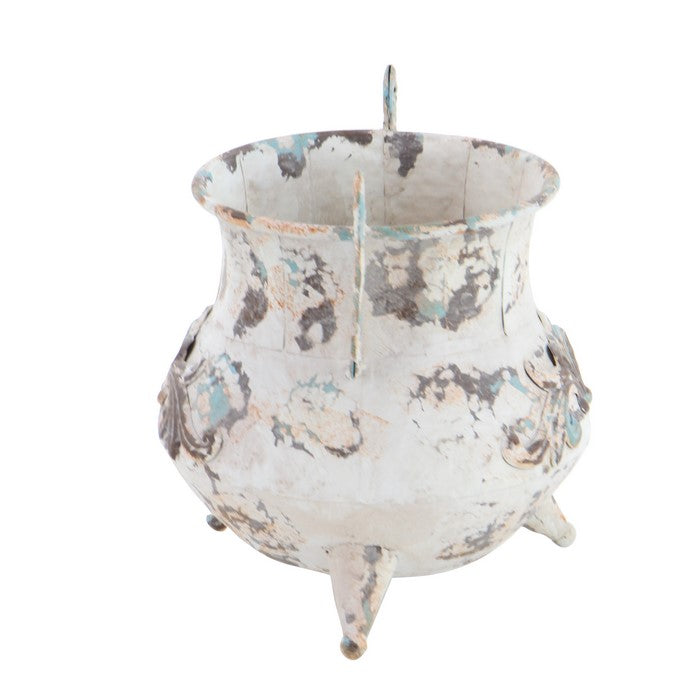 Traditional Metal Vase with Double Scrolled Handles,Antique White and Brown