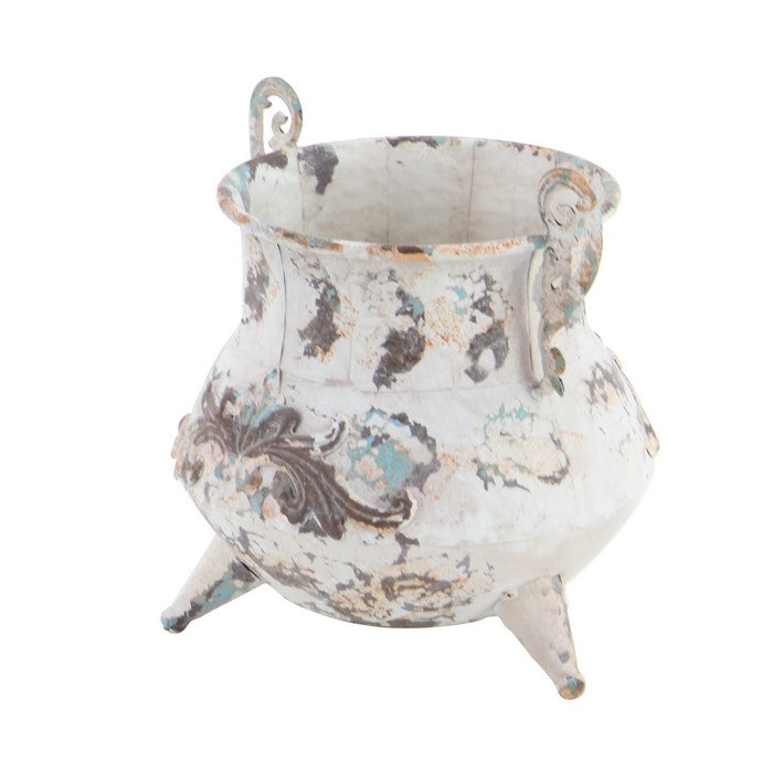 Traditional Metal Vase with Double Scrolled Handles,Antique White and Brown