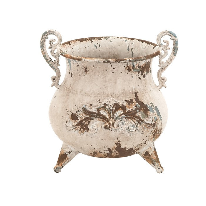 Traditional Metal Vase with Double Scrolled Handles,Antique White and Brown