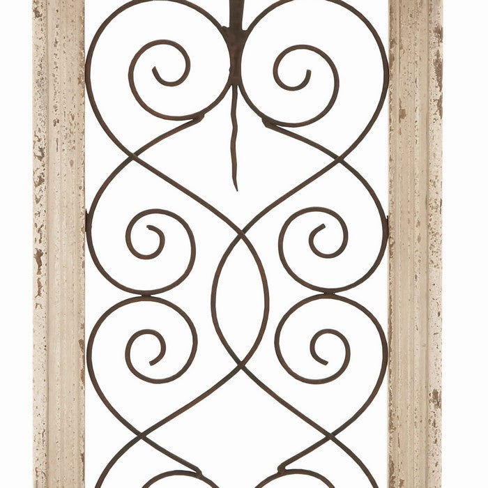 Wood and Metal Wall Panel with Scroll Design, Antique White and Black
