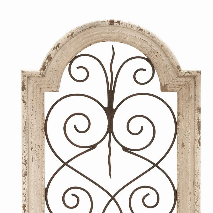 Wood and Metal Wall Panel with Scroll Design, Antique White and Black