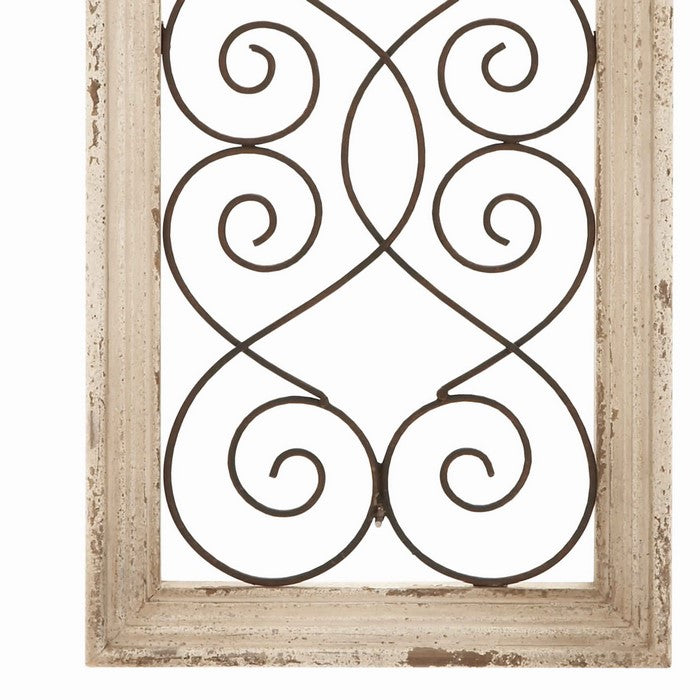 Wood and Metal Wall Panel with Scroll Design, Antique White and Black