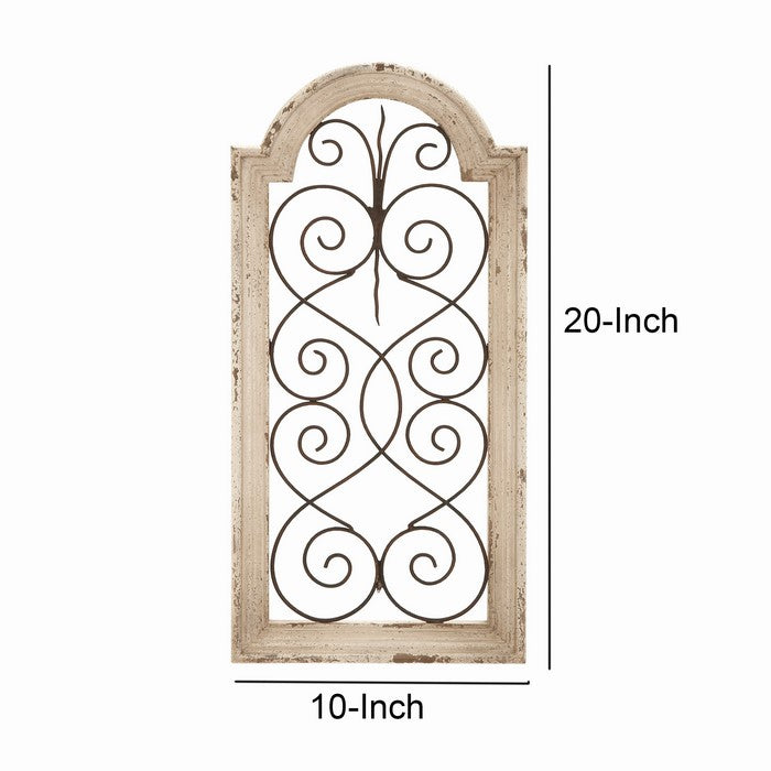 Wood and Metal Wall Panel with Scroll Design, Antique White and Black