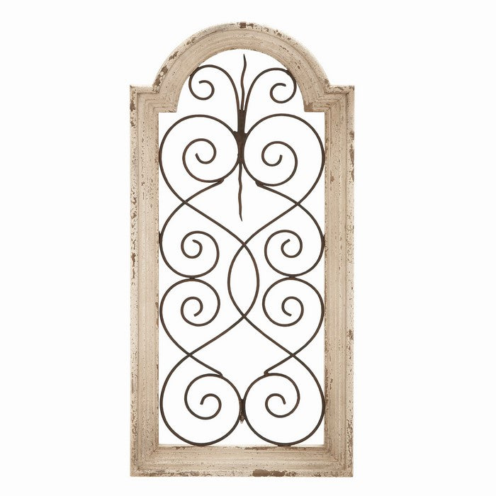 Wood and Metal Wall Panel with Scroll Design, Antique White and Black
