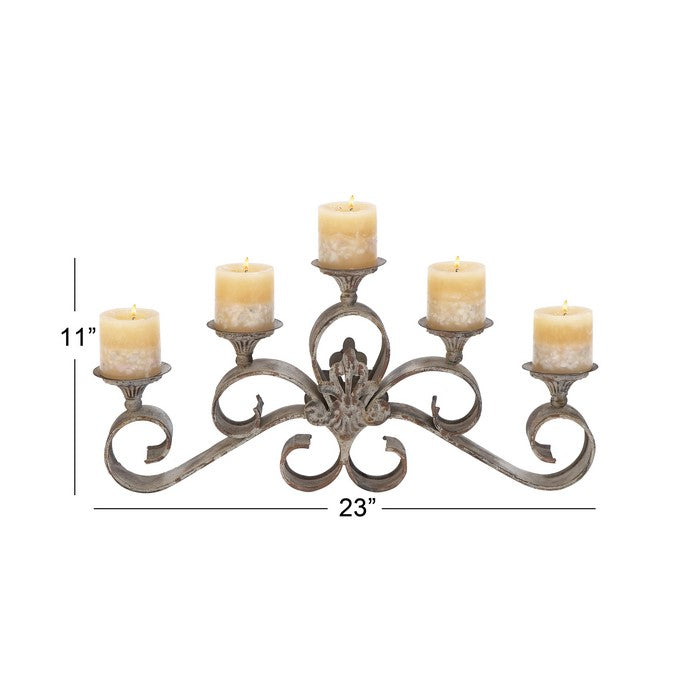 23 Inch Metal Candle Holder with Scrollwork Frame, Light Bronze