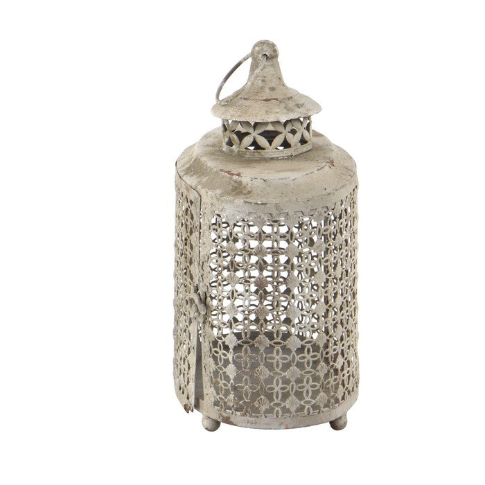 Clover Lattice Metal Candle Lantern with Ring Holder, Set of 2, Beige