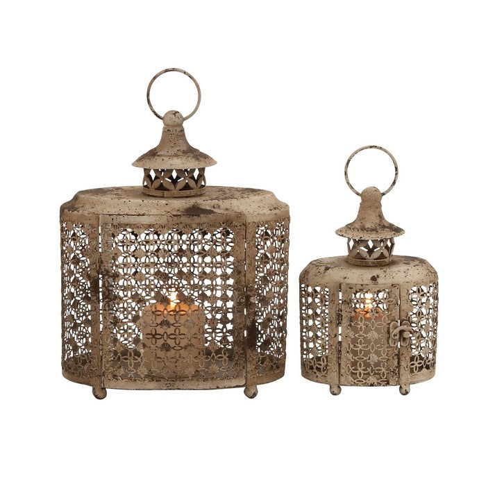 Clover Lattice Metal Candle Lantern with Ring Holder, Set of 2, Beige
