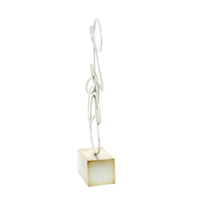 22 Inch Abstract Design Metal Sculpture with Block Base, Silver