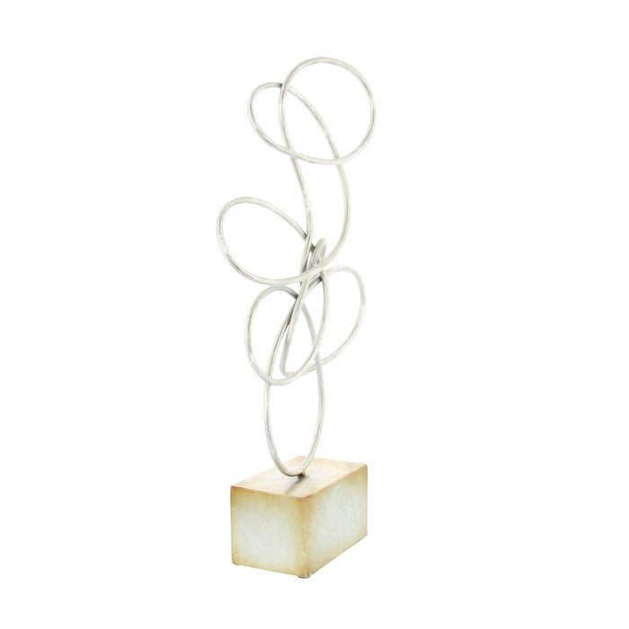 22 Inch Abstract Design Metal Sculpture with Block Base, Silver