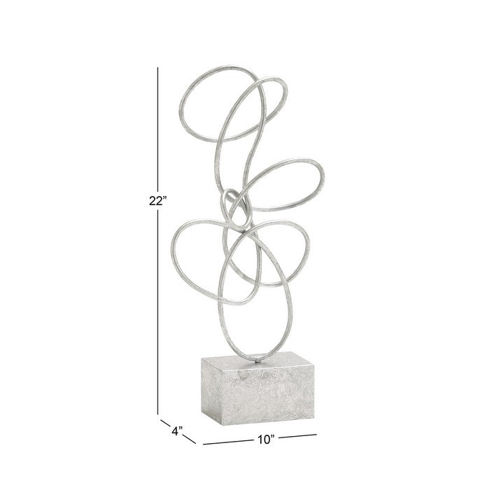 22 Inch Abstract Design Metal Sculpture with Block Base, Silver