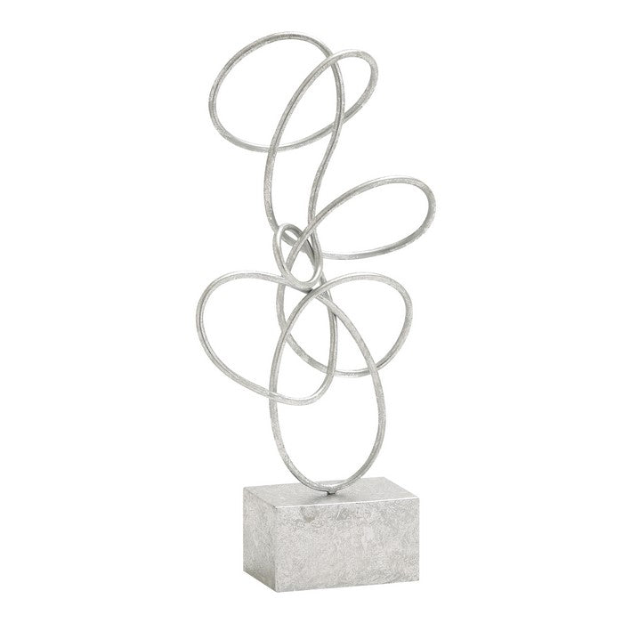 22 Inch Abstract Design Metal Sculpture with Block Base, Silver