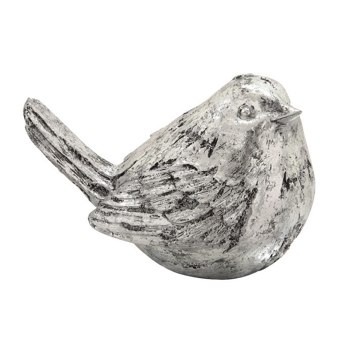 Polystone Bird Figurine with Distressed Details, Set of 2, Silver