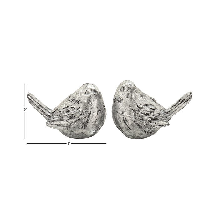Polystone Bird Figurine with Distressed Details, Set of 2, Silver