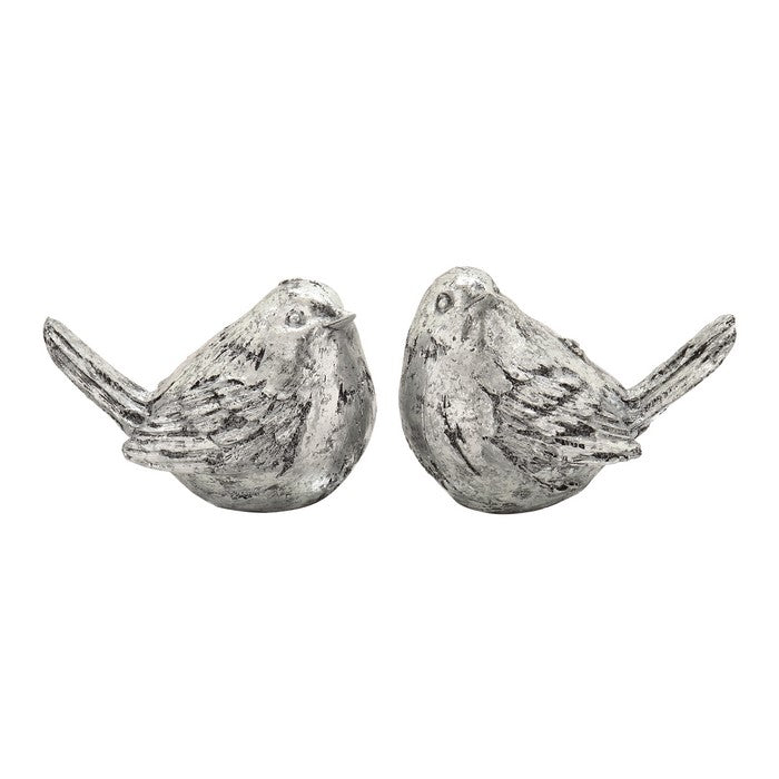 Polystone Bird Figurine with Distressed Details, Set of 2, Silver