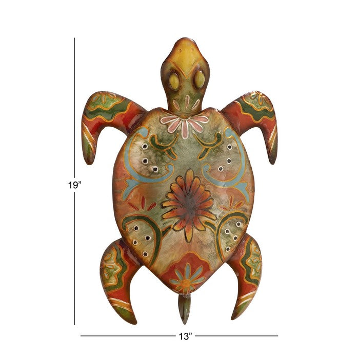 19 Inch Metal Turtle Wall Sculpture with Floral Motif Print, Multicolor