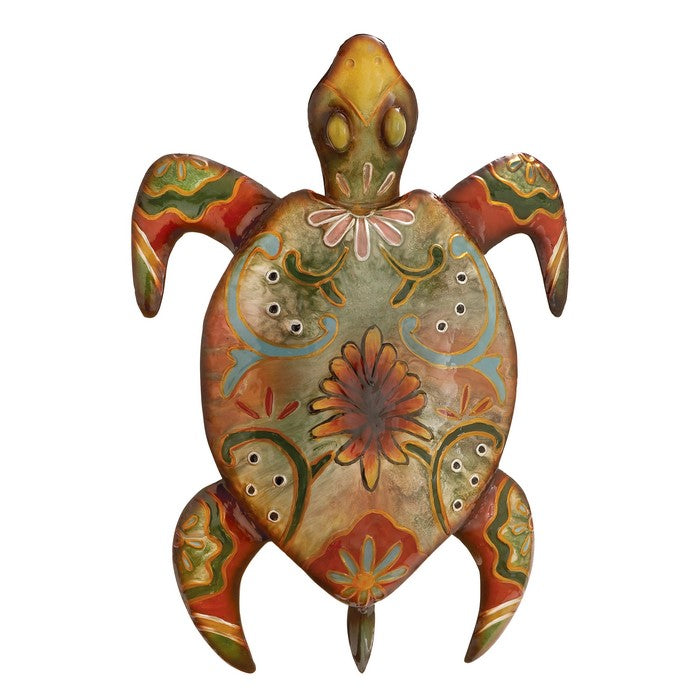19 Inch Metal Turtle Wall Sculpture with Floral Motif Print, Multicolor