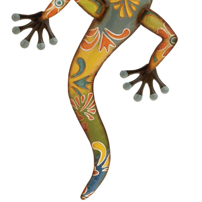 32 Inch Metal Wall Lizard Sculpture with Floral Motif, Multicolor