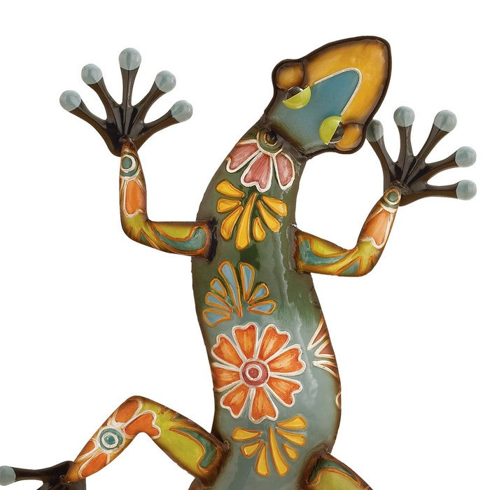 32 Inch Metal Wall Lizard Sculpture with Floral Motif, Multicolor